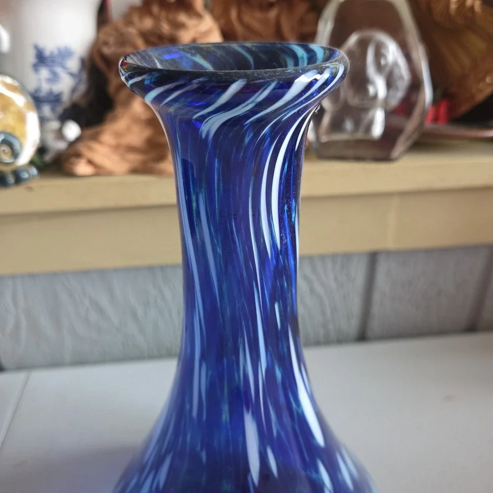 Abstract Art Glass Vase Decanter Style Hand Blown Mexico Blue White Ovals